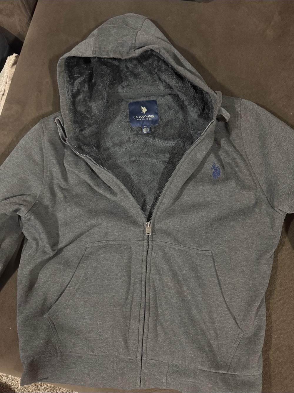 U.S. Polo Assn. Gray Hooded Full-Zip Jacket with Sherpa Lining